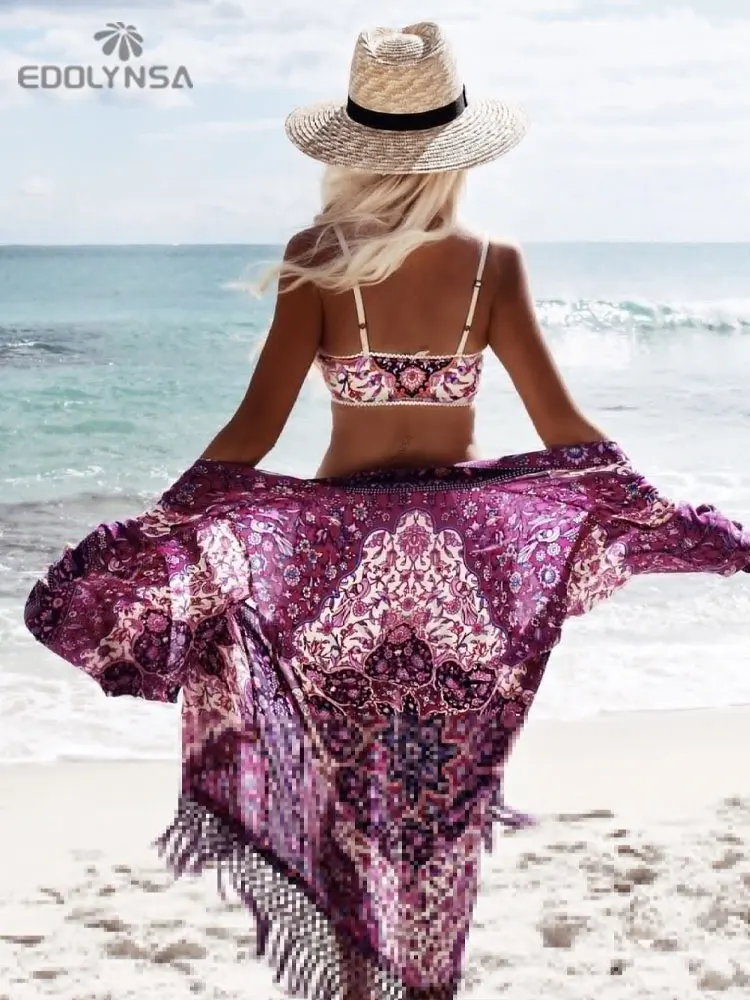 s Beach Cover up Floral Romantic Swimwear Ladies Pareo Beach Cape Purple Tassel Dress Chiffon Swimwear #Q149