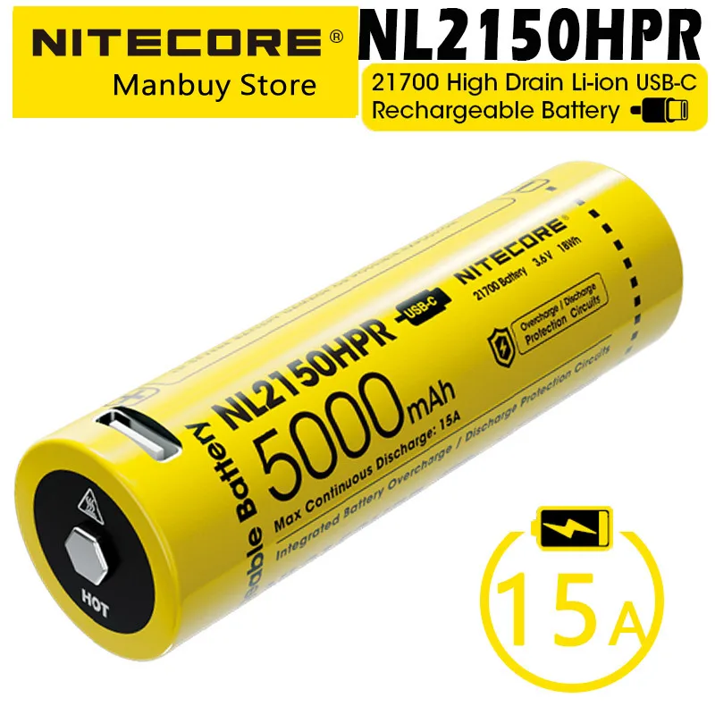 

Литий-ионный аккумулятор NITECORE NL2150HPR 21700, 15 А, 5000 мАч, неограниченная энергия с высоким потоком энергии, 18 Вт/ч, USB-C, аккумуляторные батареи для фонариков