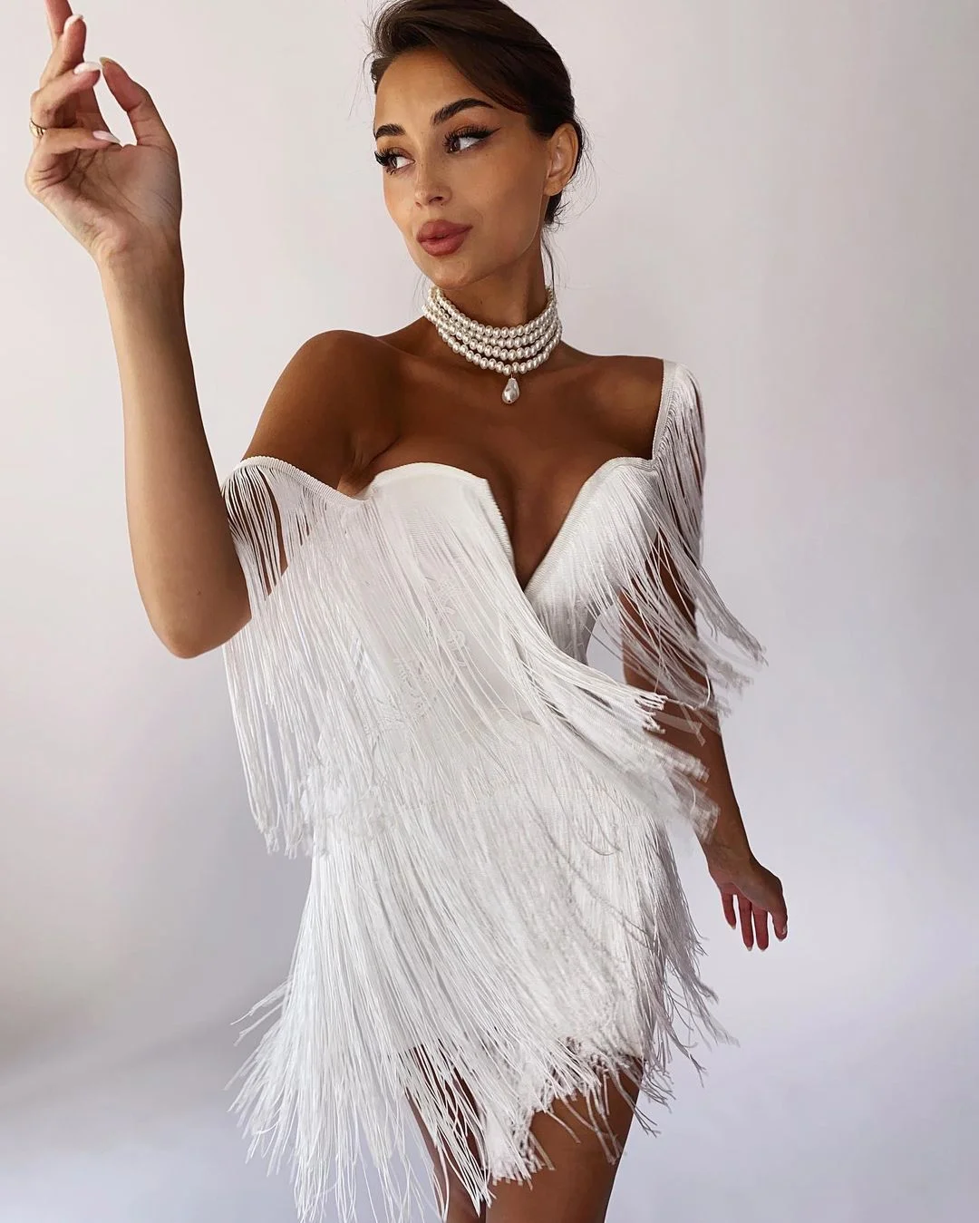 

Nightclub Celebrity Female Party Mini Dresses for Women 2023 Sexy V Neck Fashion Tassel Bandage Dress Off Shoulder Bodycon