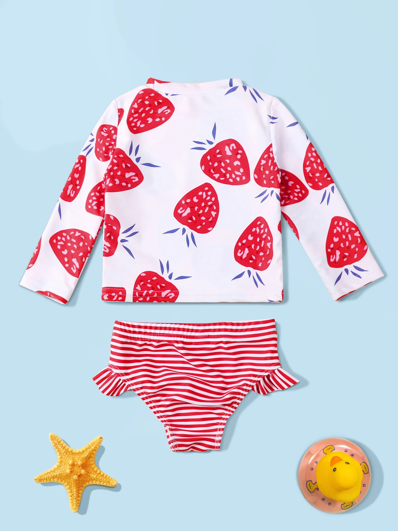 Baby Girls Two Piece Swimsuit Strawberry Print Swimwear Kids Swimming Clothing Long Sleeve Summer Beachwear Bathing Suit 2