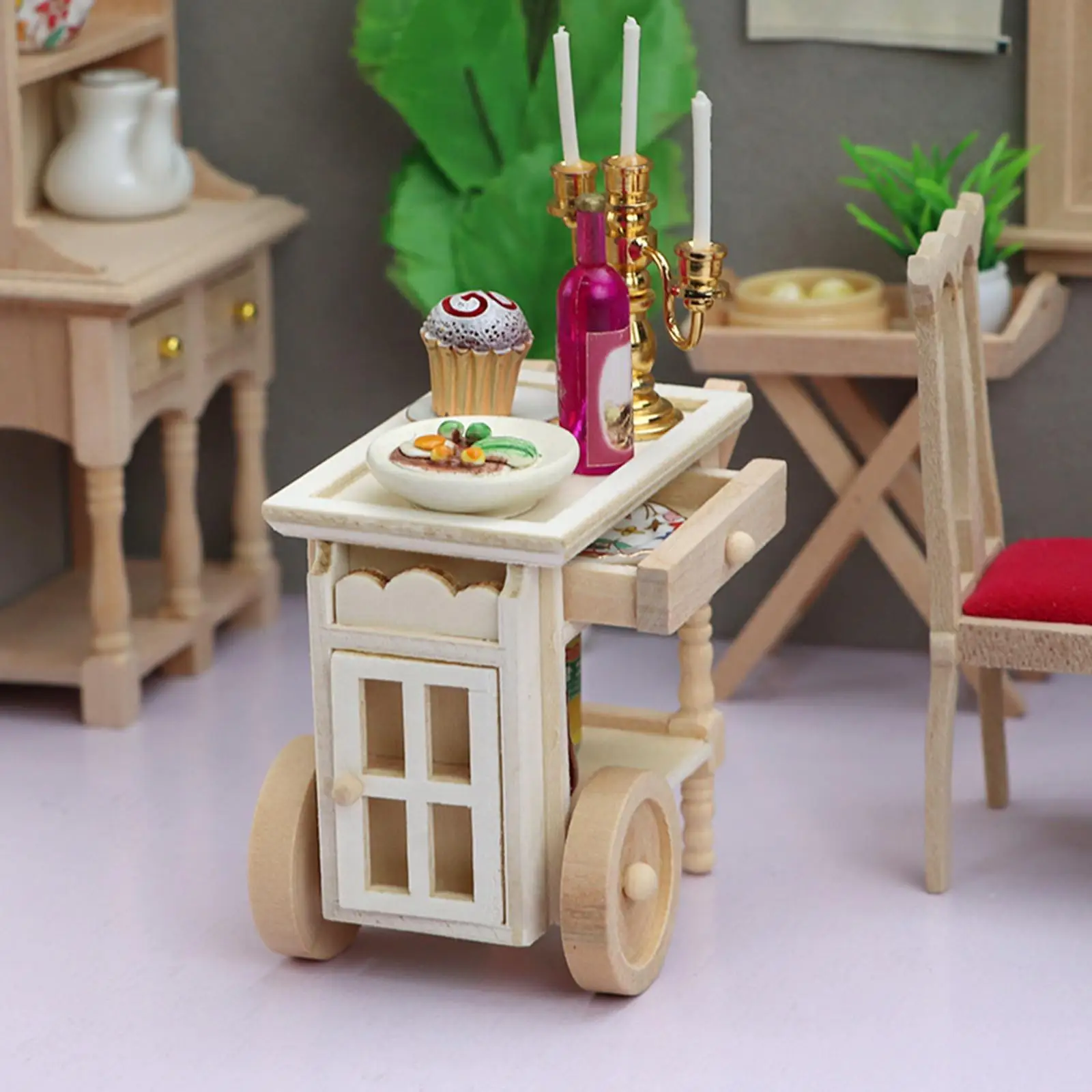 

1:12 Dollhouse Mini Two Layers Kitchen Cart Set Miniature Ice Cream Car Serving Cart Dinner Tray Trolley Miniature Items Toys