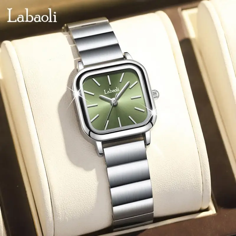 LABAOLI Women Minimalist Green Watches For Women Wristwatches Quartz Stainless Steel Square Silver Steel Ladies Wrist Watches
