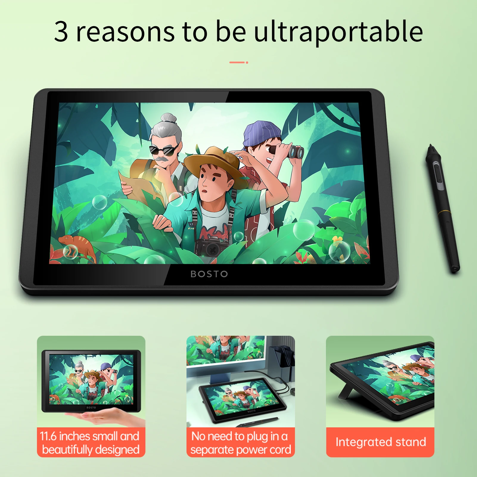 BOSTO H-IPS LCD 그래픽 드로잉 태블릿 모니터, 1366x768 디스플레이, 8192 압력 레벨 지지대, 윈도우 MacOS, 11.6 인치 크기, 12HD-A