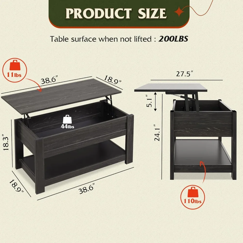 Coffee Table, 39" Lift Top Coffee Table with Hidden Compartment and Storage Shelf for Living Room, Espresso 3