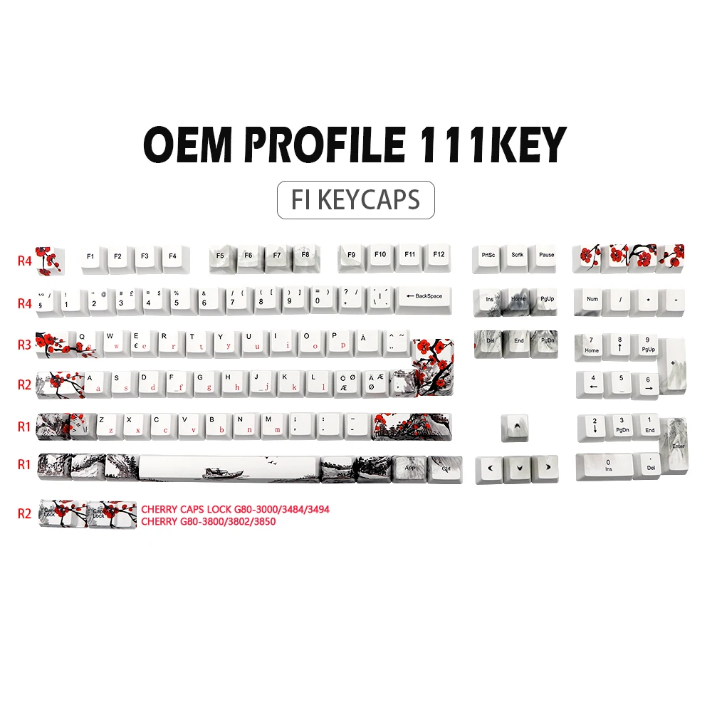 Lotus Ink Flower Theme Spanish German French Japanese Keycaps, ISO AZERTY  Layout, OEM Profile White Keycaps for Mechanical Keyboard 