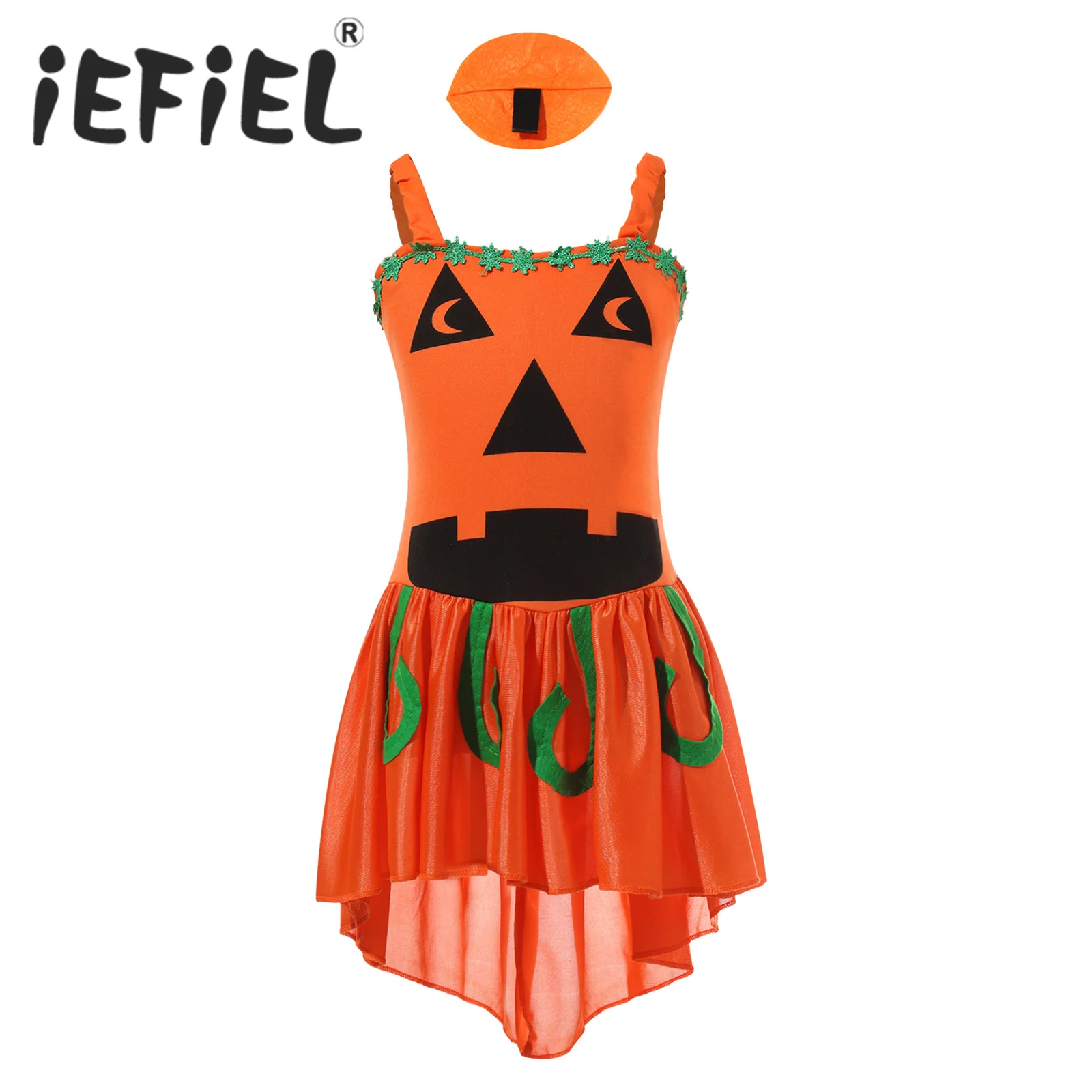 

Kids Girls Pumpkin Witch Costume Sleeveless Sketch Specter Print Cosplay Party Dress with Headwear Halloween Carnival Dress Up