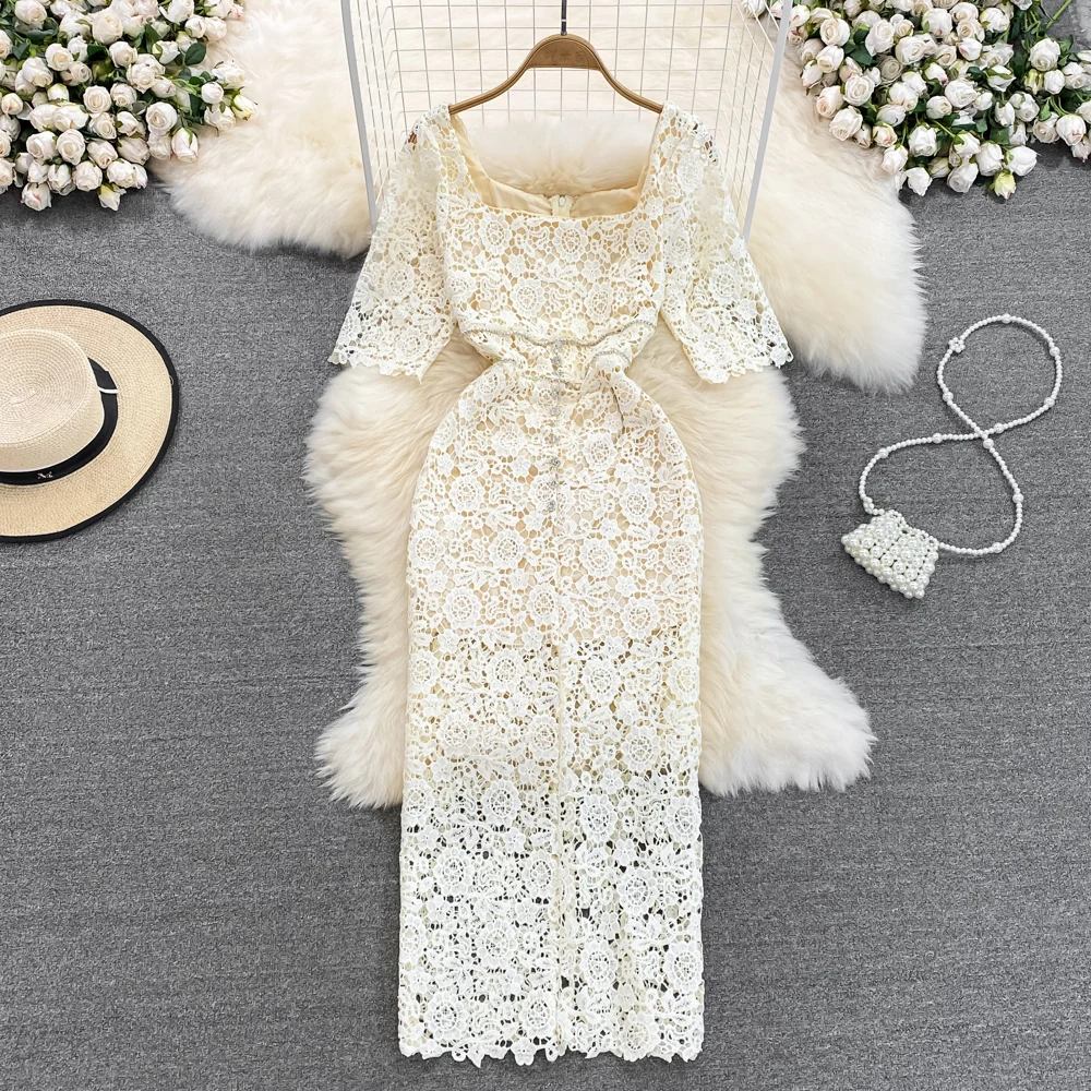 

Square Neck Waist Slim Lace Hip Wrap Dress