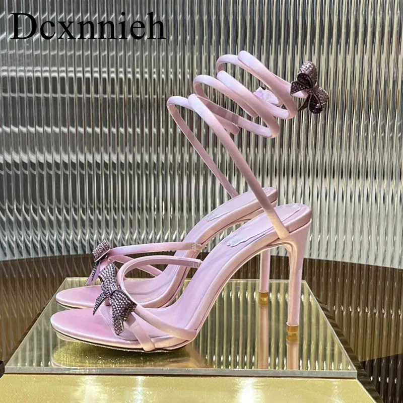 

Satin Water Snake Ankle Band Sandals Women's Butterfly-knot Rhinestone Decor High Heel Sandals Summer Party Gladiator Pumps