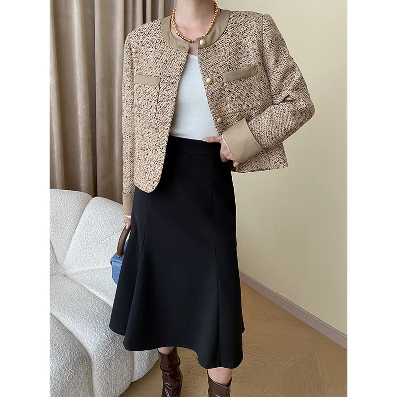 French Casual Loose Contrast Women Coat Tweed O Neck Simple Basic Office Daily Elegant Khaki Fashion Short Jacket Autumn Winter