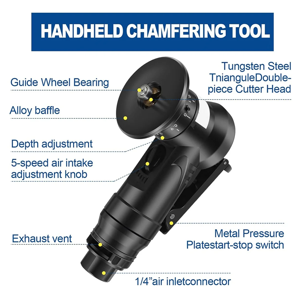 Pneumatic Chamfering Tool - 45 Degree Metal Deburring Tool, Adjustable C/R Blades For Steel, Aluminum, Wood