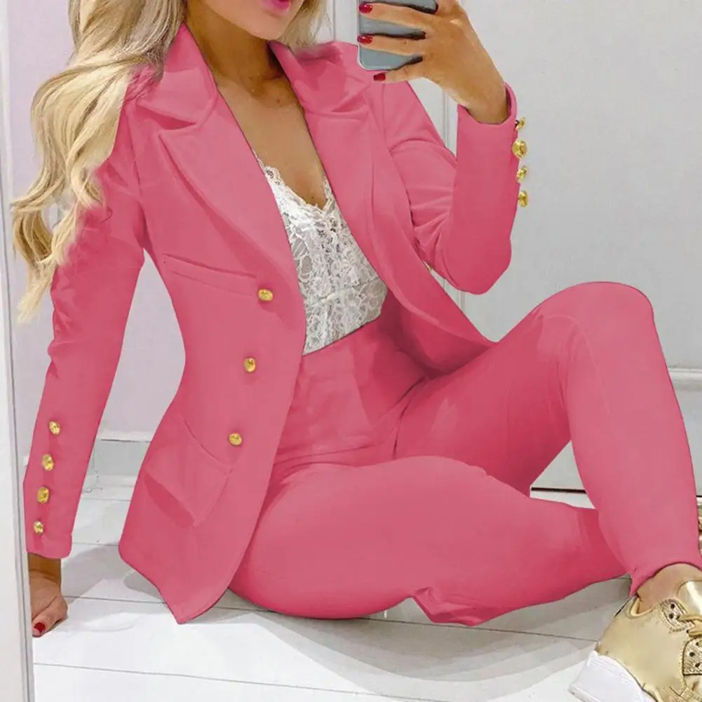 

2 Pcs/Set Lady Business Suit Elegant Long Sleeve Single-Breasted Turn-down Collar Solid Color High Waist Blazer Pants Suit