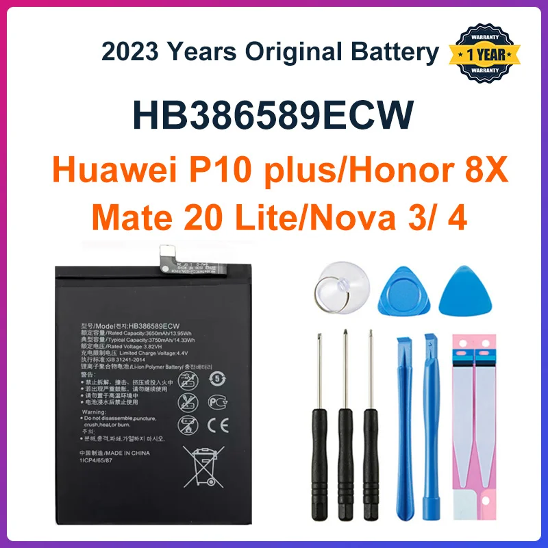 

100% Orginal HB386589ECW 3750mAh Battery For Huawei V10 P10 Plus Honor Play Honor 20S Honor 8X Play Nova 3 Mate20 +Tools