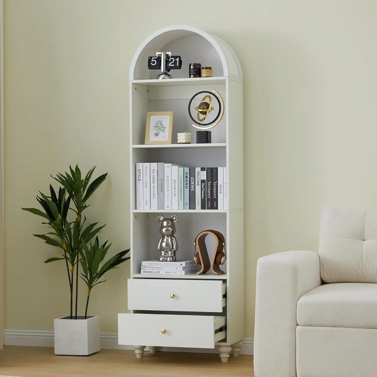 75.59" Tall Bookcase, 4 Tier Arched Bookshelf with 2 Drawers, Modern Book Display Storage Cabinet for Living Room, Bedroom 4