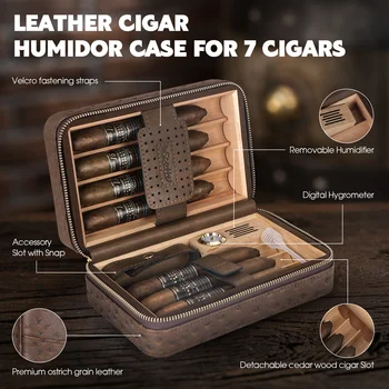 Scotte Cigar Humidor Box Cigar Lighter Cedar Wood Lined Leather Cigar Case Built in Hygrometer Humidifier with Cigar Holder Kit 2