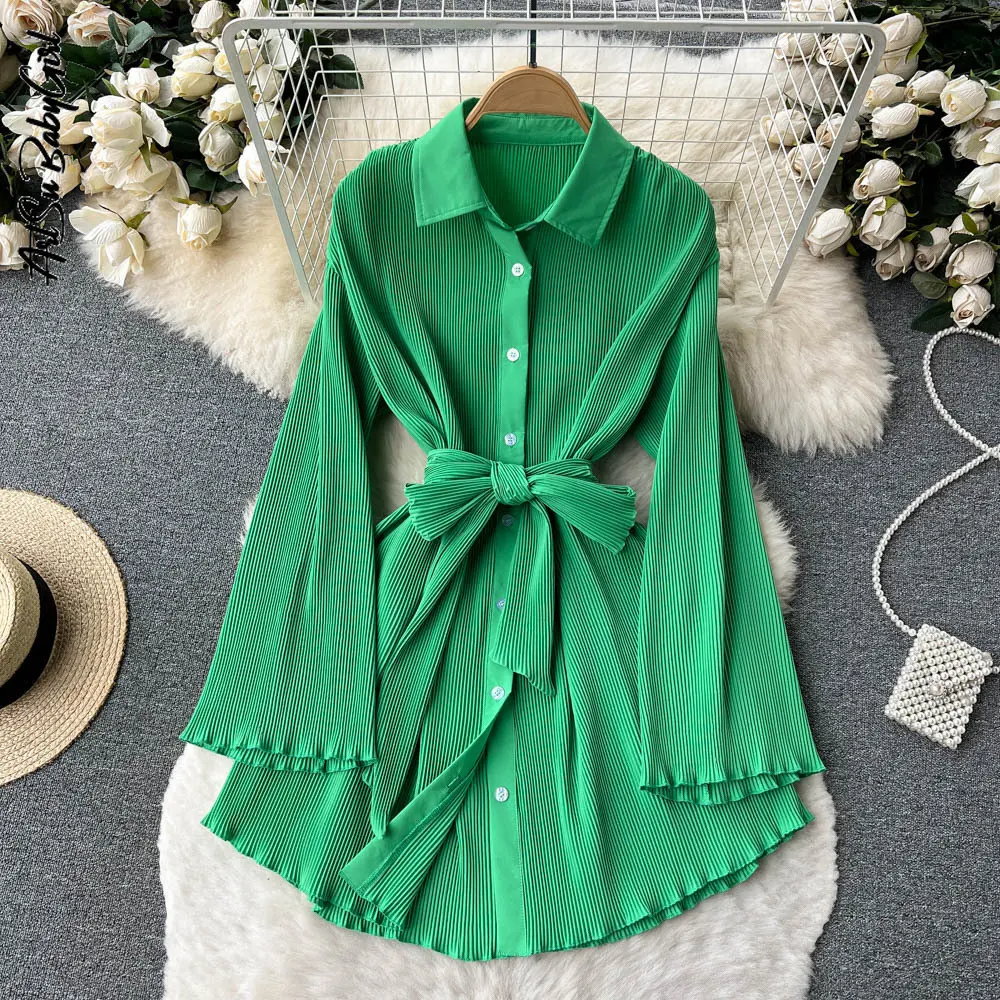 

Polo Collar Shirt Dress Women Button Bandage Dress Streetwear Y2k Vintage Clothing Spring Autumn Ruffle Flare Sleeve Mini Dress