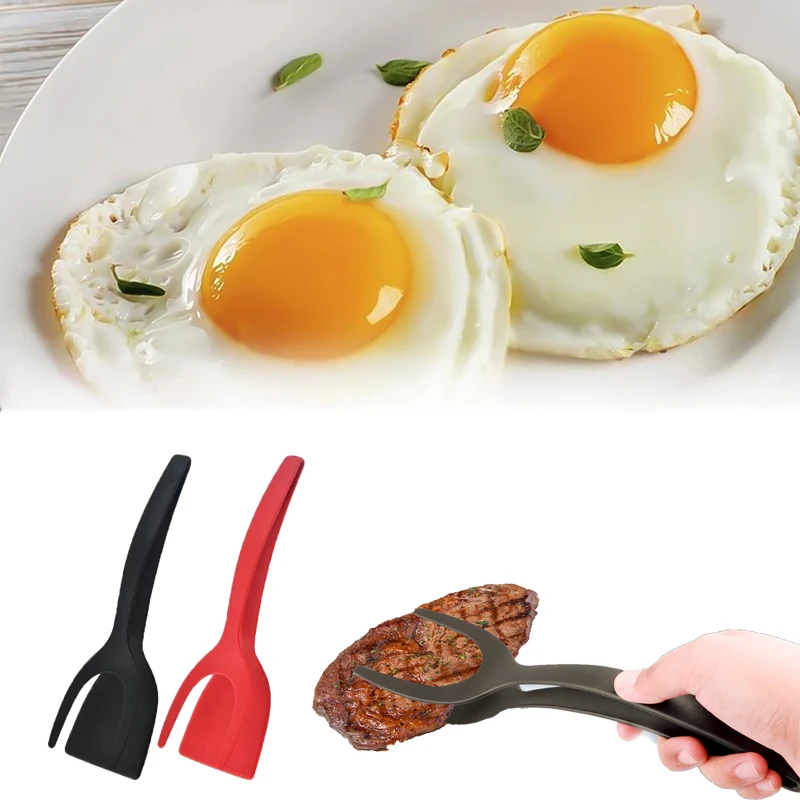 Flip Pliers 2 in 1 Nylon Grip Egg Spatula Tongs Steak Clamps Pancake Fried Multifunctional Non-Stick Clips Kitchen Accessories