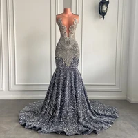 Sexy Long Sparkly Prom Dresses 2026 Sheer O-neck Luxury Silver Crystals Diamond Sequin Mermaid Black Girl Prom Party Gowns - Image 2