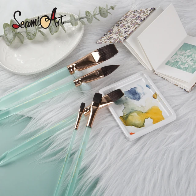 SeamiArt 1pc Pennello per pittura per artista con manico in cristallo per capelli piatti in nylon per acquerello, guazzo, olio acrilico, materiali artistici 4