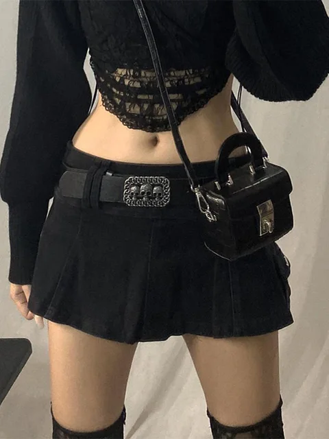 ALLNeon Pastel Goth Low Waist Black Micro Skirts Y2K Streetwear Pockets Patchwork A-line Skirt E-girl Aesthetics Outfits Zipper black