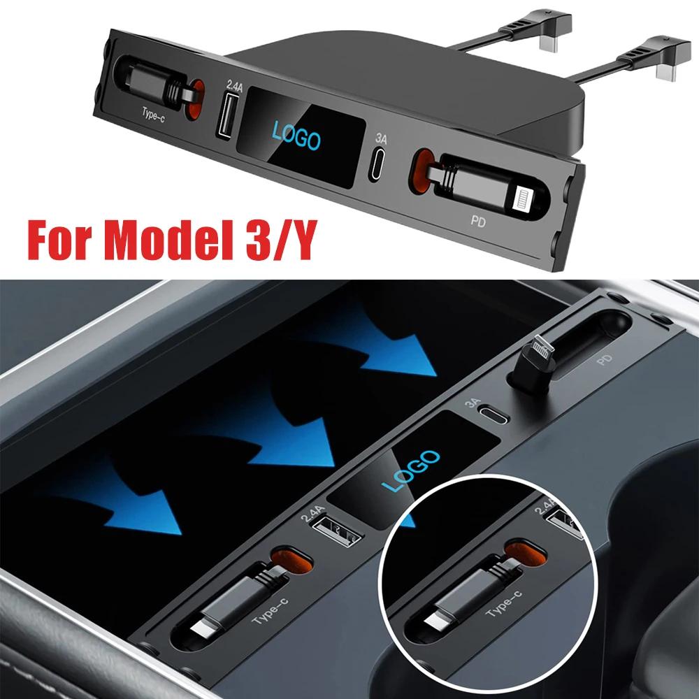 테슬라 모델 3 Y 도킹 스테이션 27W 빠른 충전기 USB LED 션트 허브 확장 센터 콘솔 4 포트 스마트 센서 2023