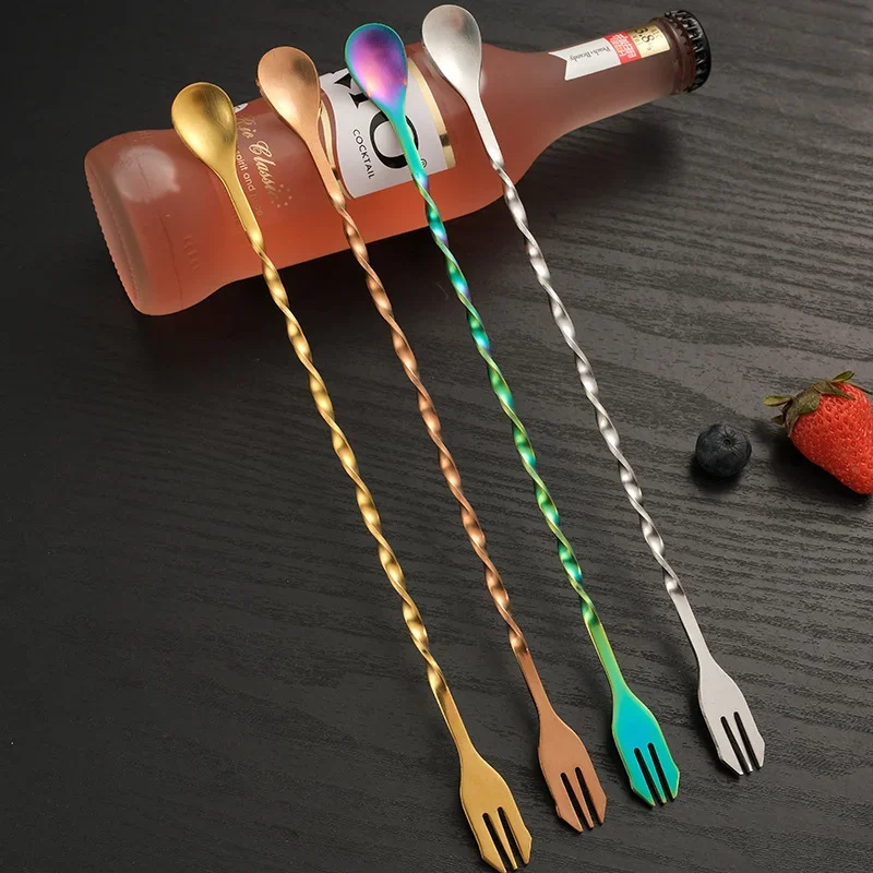 Stainless Steel Bar Stir Spoon Cocktail Spiral Pattern Mixing With Muddler For tender Metal Gold Accessories
