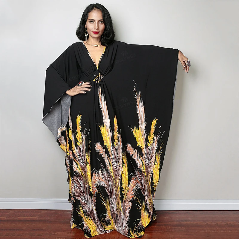 2022 Print Maxi Dress Batwing Sleeve Tunic Spring Autumn Beach Dress Casual Plus Size Women Beachwear Kaftan Cover-ups Q1289