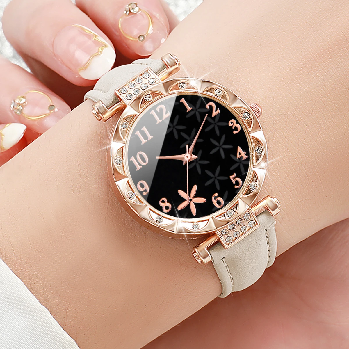 7Pcs/Set Women's Fashion Watch Sweet Leisure Academy Style Leather Quartz Watch Set (Box Not Included)