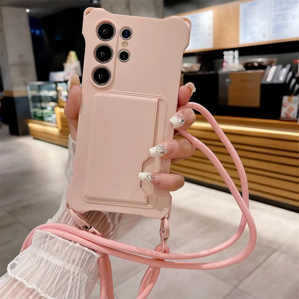 Soft Silicone Phone Case with Card Holder and Lanyard - Shockproof Protection Cover
