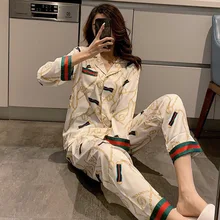 Pajamas for Women Ice Silk Long-sleeved Trousers Cardigan Suit Cute and Sweet Loose Plus Size Home Service Sexy Pjs Sleepwear