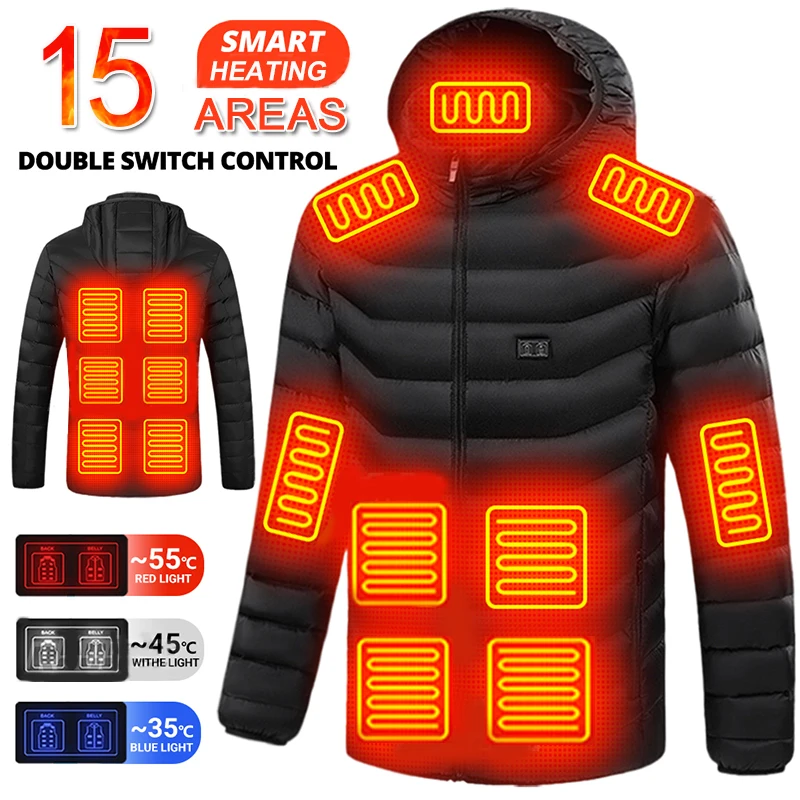 

15Electric Heated Areas Jackets Winter Men Women USB Heating Thermal Unisex Coat Camping Hiking Skiing Climbing Hood Parka