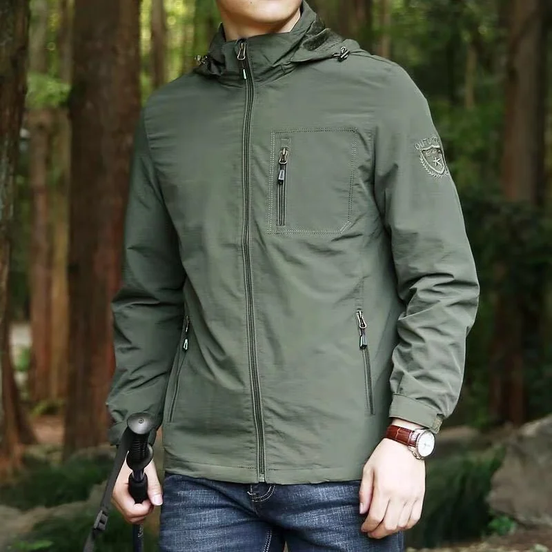 Spring Autumn Men's Thin Hooded Jacket Outdoor Quick Drying Oversized Loose Breathable Jacket Multi Pocket Casual Windbreaker