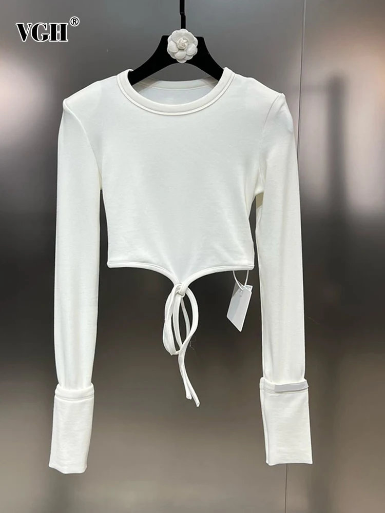 

VGH Solid Patchwork Lace Up Casual Short T Shirts For Women Round Neck Long Sleeve Minimalist Slimming T Shirt Female Fashion