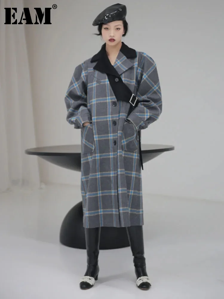 

Женское шерстяное пальто EAM, серое элегантное пальто с длинным рукавом и отложным воротником, с пряжкой, большие размеры, Осень-зима 2024