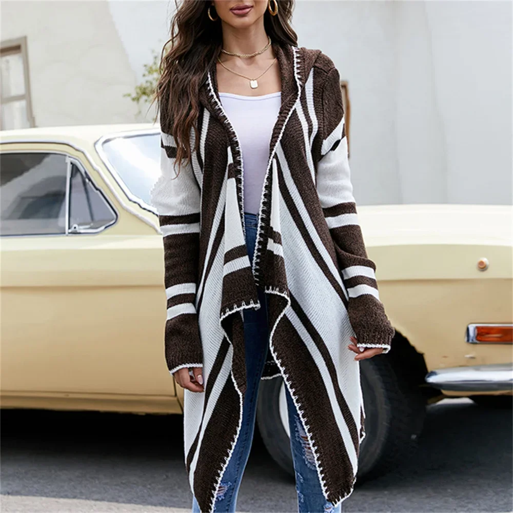 

Boho Striped Hooded Cardigan Sweater Irregular Design Knitted Sweaters Cardigans Fashion Trend Women Outfits Streetwear Clothing