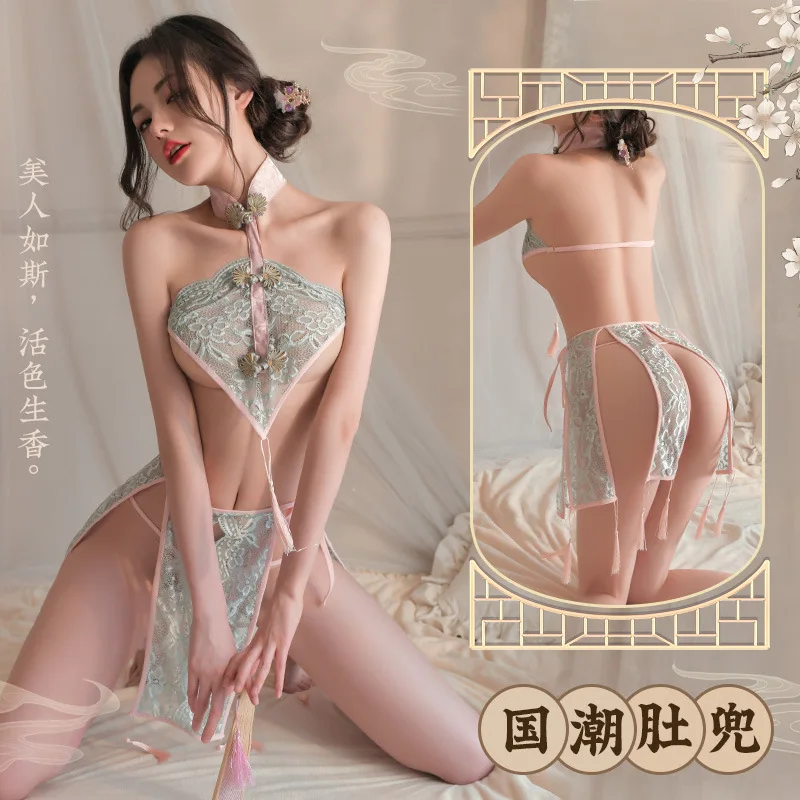 Chinese Lace Tassel Bellyband Retro Cheongsam Sexy Lingerie Featuring Top and Skirt Thong Underwear Set Classical Temptation New