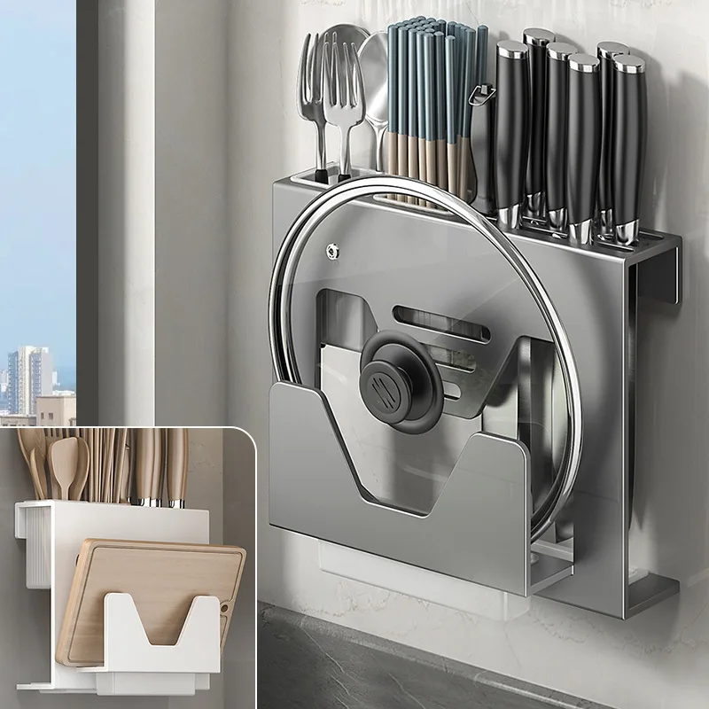 Stainless steel kitchen knife holder, wall mounted pot cover holder, multifunctional storage rack, chopstick holder