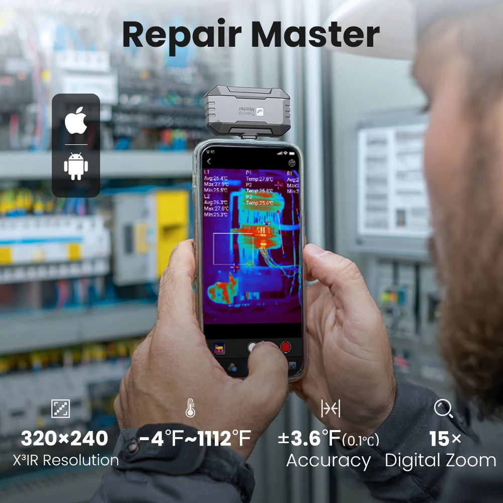 Gros plan sur la caméra thermique P1 connectée à un iPhone, affichant une image thermique d'une façade.