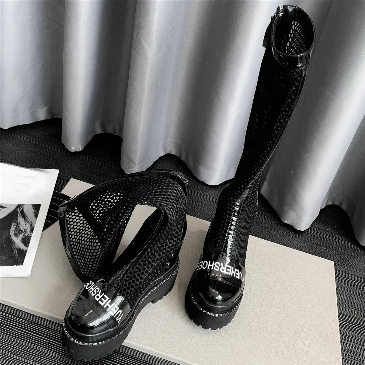 Chunky Platform Pumps Women Genuine Leather High Heel Gladiator Sandals Female Hollow Round Toe Knee High Boots Casual Shoes