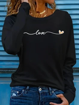 Spring and Autumn Women's New Fashion Clothes Women Black Casual Letter Printed Long Sleeve Round Sleeve T-shirt 1