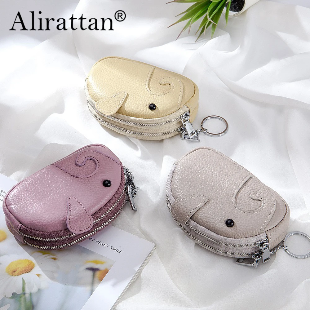 

Alirattan New Creative Double Zipper Coin Bag Storage Bag Cute Cartoon Elephant Mini Change Bag Women's Genuine Leather