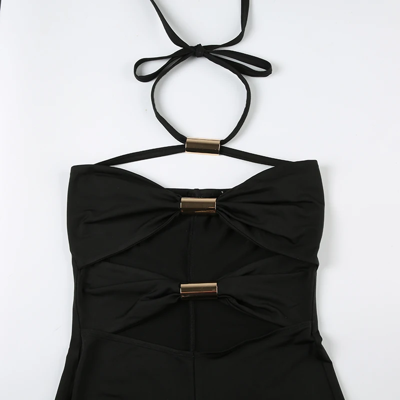 Mono ajustado con cuello halter, sexy, calado y con lazo, sin mangas, para mujer, ideal para vacaciones de verano