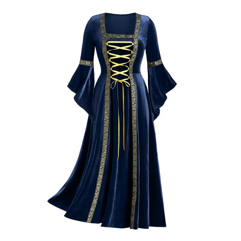 

Women Velvet Solid Color Stitching Bandage Dress 2024 Spring Autumn New Dress Robe Women Vintage Bell Sleeve Square Collar Dress