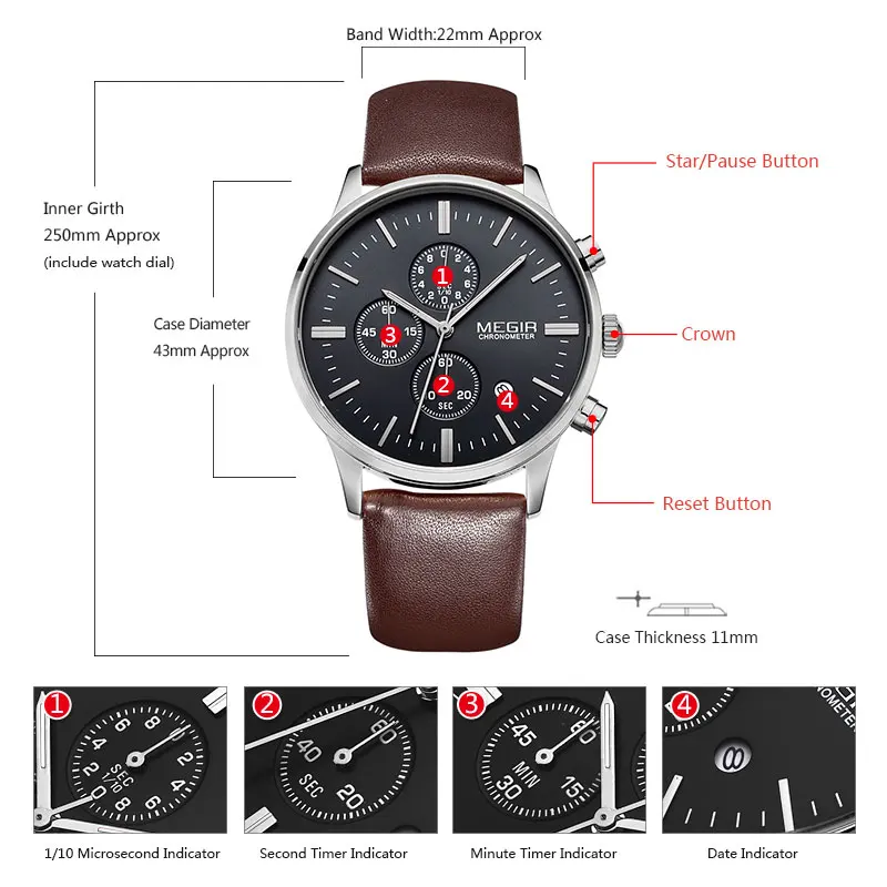 Fashion Megir 2011 Top Brand Quartz Men Luminous Waterproof Sports Watch Man Commercial Genuine Leather Business Wrist Watches - 5