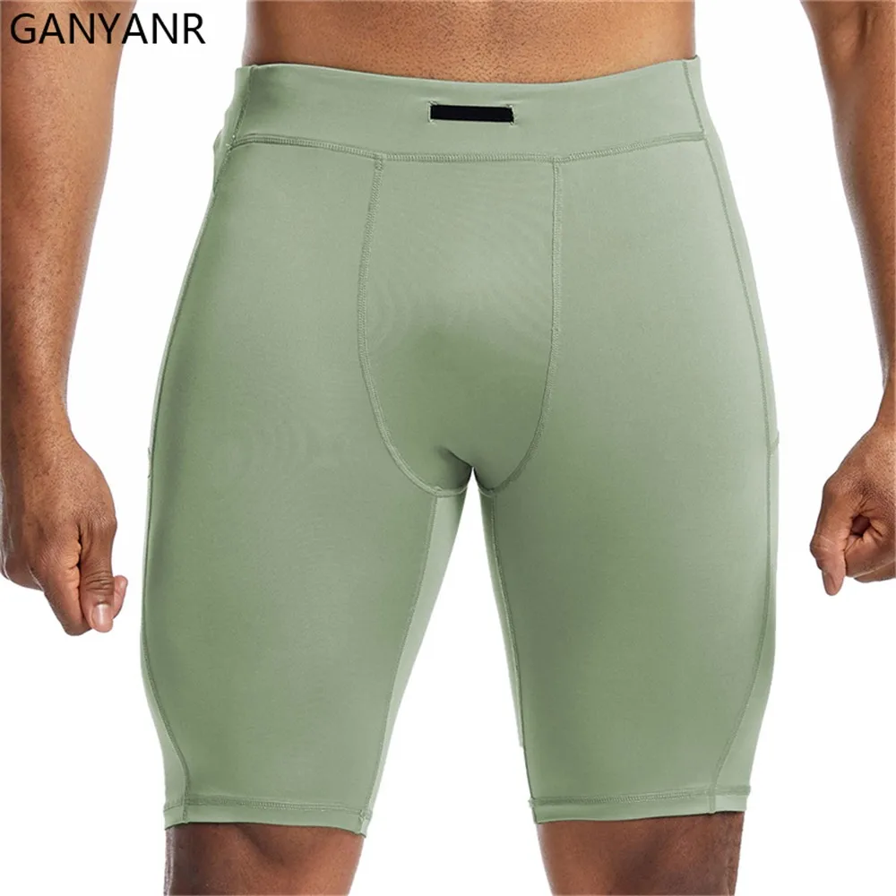 GANYANR mens running tights shorts with pockets Compression Cycling Yoga workout Leggings Football Sports gym basketball soccer sports shorts sports leggings compression pants