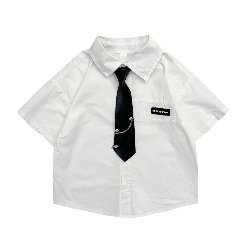 Boys' Loose Fit Short Sleeve Shirt Casual Korean Style Children's Clothing Summer Trendy Turn-down Collar Top