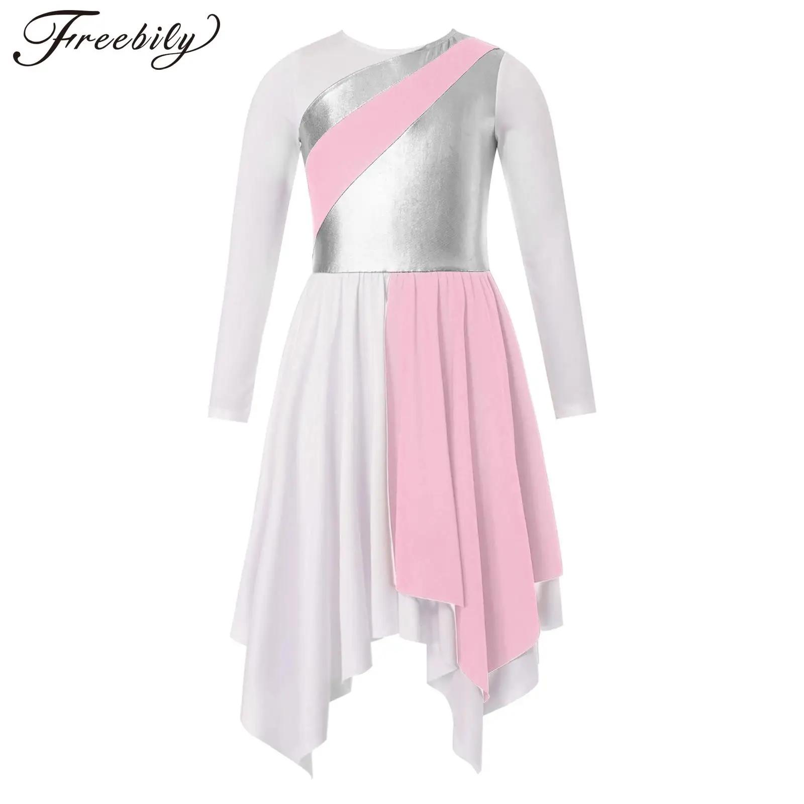 

Платье с длинным рукавом для девочек, детские танцевальные костюмы с металлическим контрастом, для литарного поклонения, асимметричный халат для церкви, туника