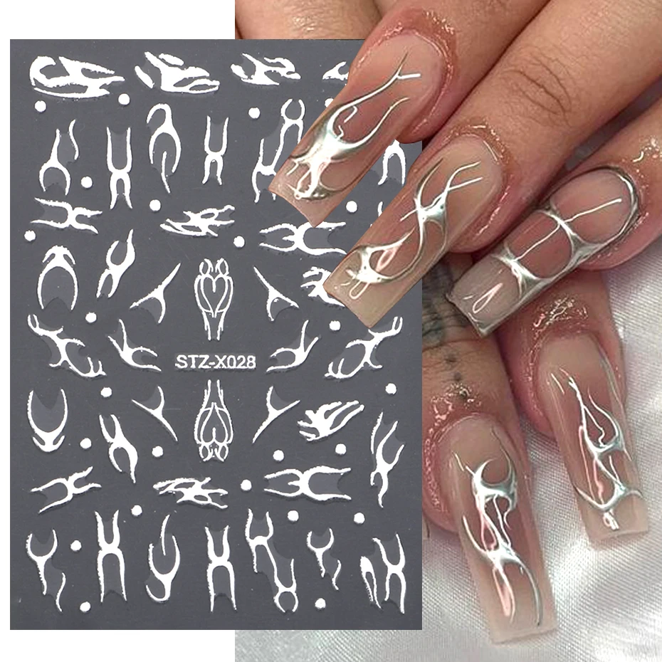 3D Metal Silver Flame Nail Stickers Bronzing Chrome Stripe Line Sliders Design Manicure French Nail Art Decoration Y2K Decals 2