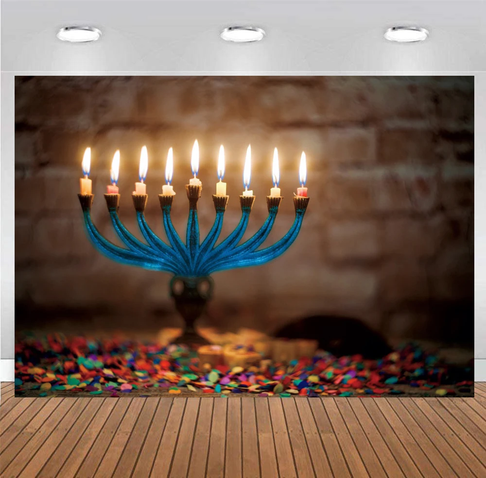 

Hanukkah Chanukah Photo Backdrop Jewish Judaism Party Lampstand Hashanah Dreidel Photography Background Menora Decoration Banner