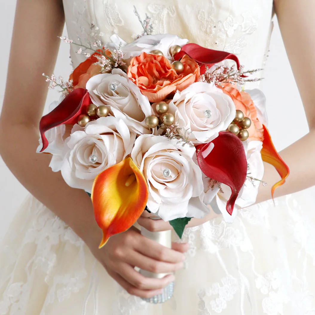 Terracotta Flowers For Wedding Ling's Moment Terracotta Wedding Bouquet -  Burnt Orange Artificial Silk Flowers - 15 Inch Bridal Bouquet Near Me, image size:1054x1054