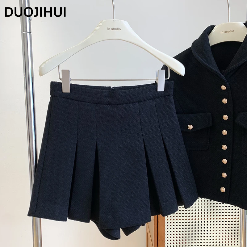 DUOJIHUI Two Piece Autumn Elegant Loose Female Shorts New Chicly Single Breasted Cardigan Basic Solid Color Fashion Women Shorts